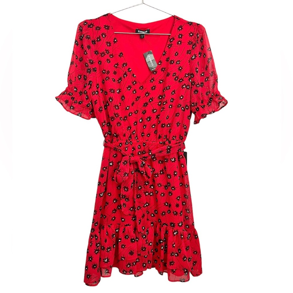 NWT Express Floral V-Neck Red Ruffle Dress Puff Sleeve Tie Waist Size Small